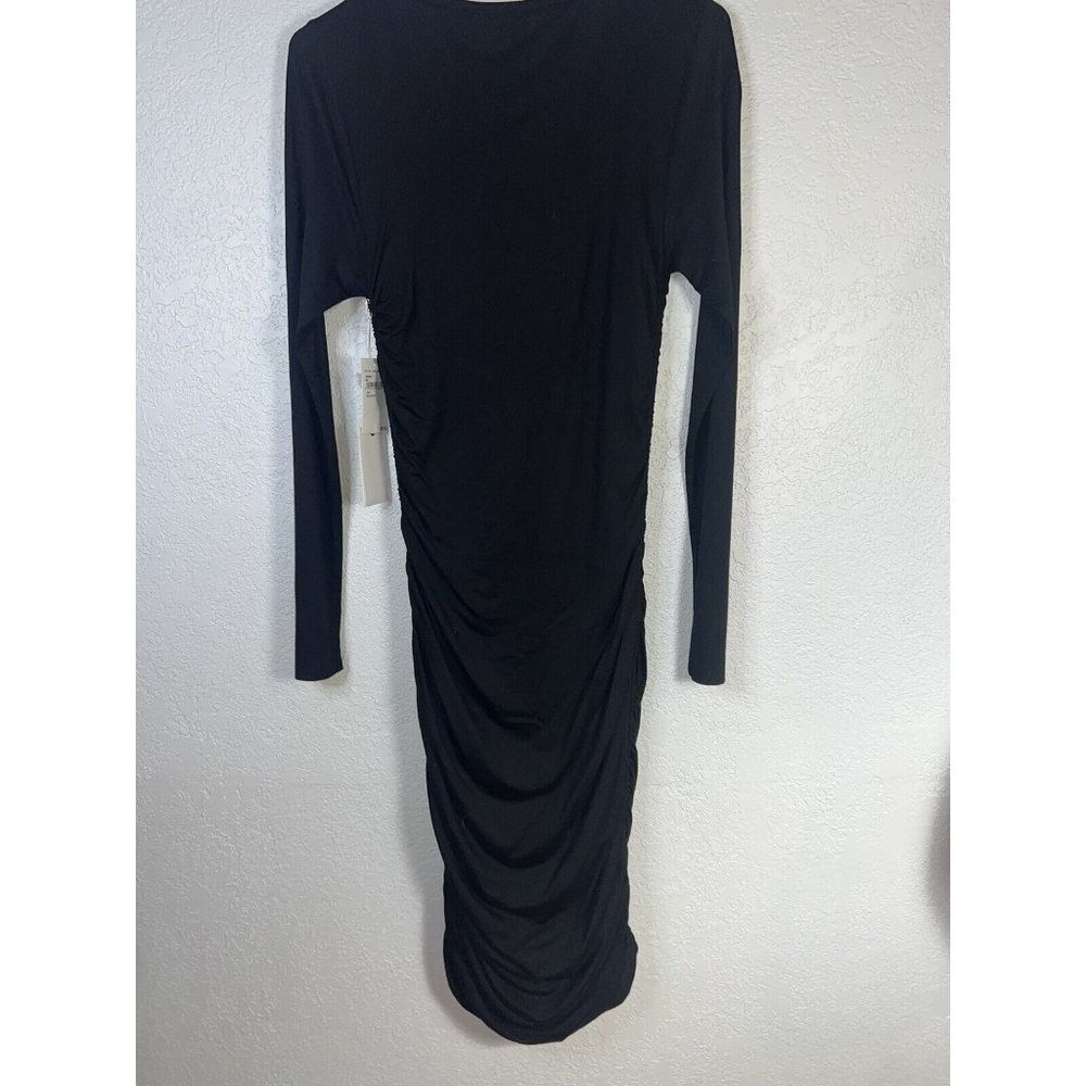 GOOD American Dress Size 3 Large Black Midi Slinky Ruched Jersey Long Sleeve T - Picture 11 of 13